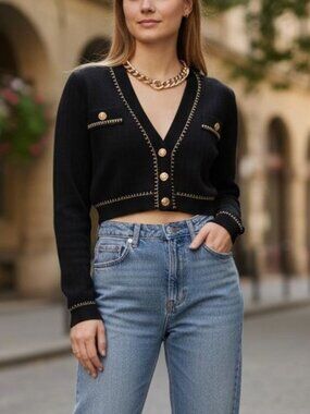 Women Black Cropped Knit Cardigan Gold Medusa Button Chic S